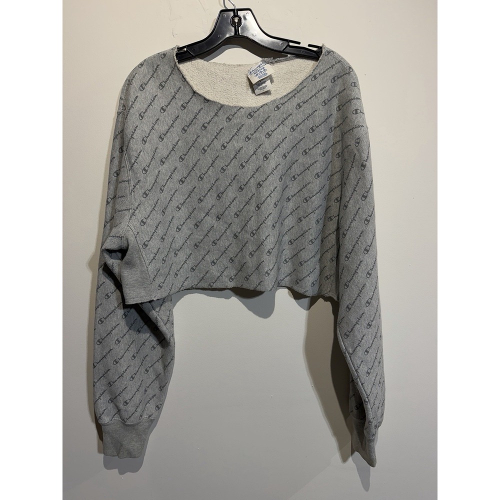 Champion Womens Reverse Weave Gray Crop Sweatshirt Logo Cotton Size M